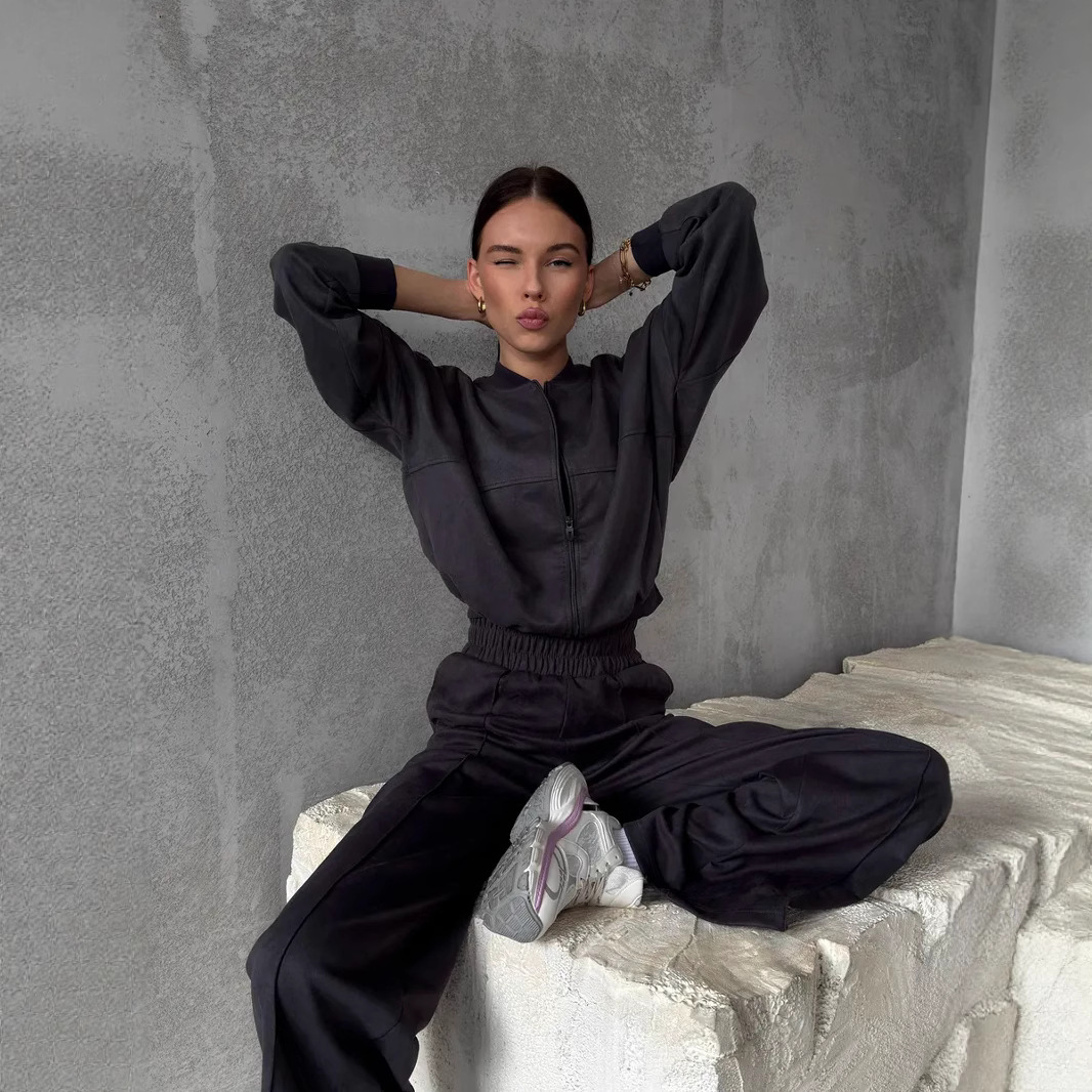 Women's Zip-Up Cardigan and Pants Two-Piece Set, Long Sleeve Streetwear Tracksuit