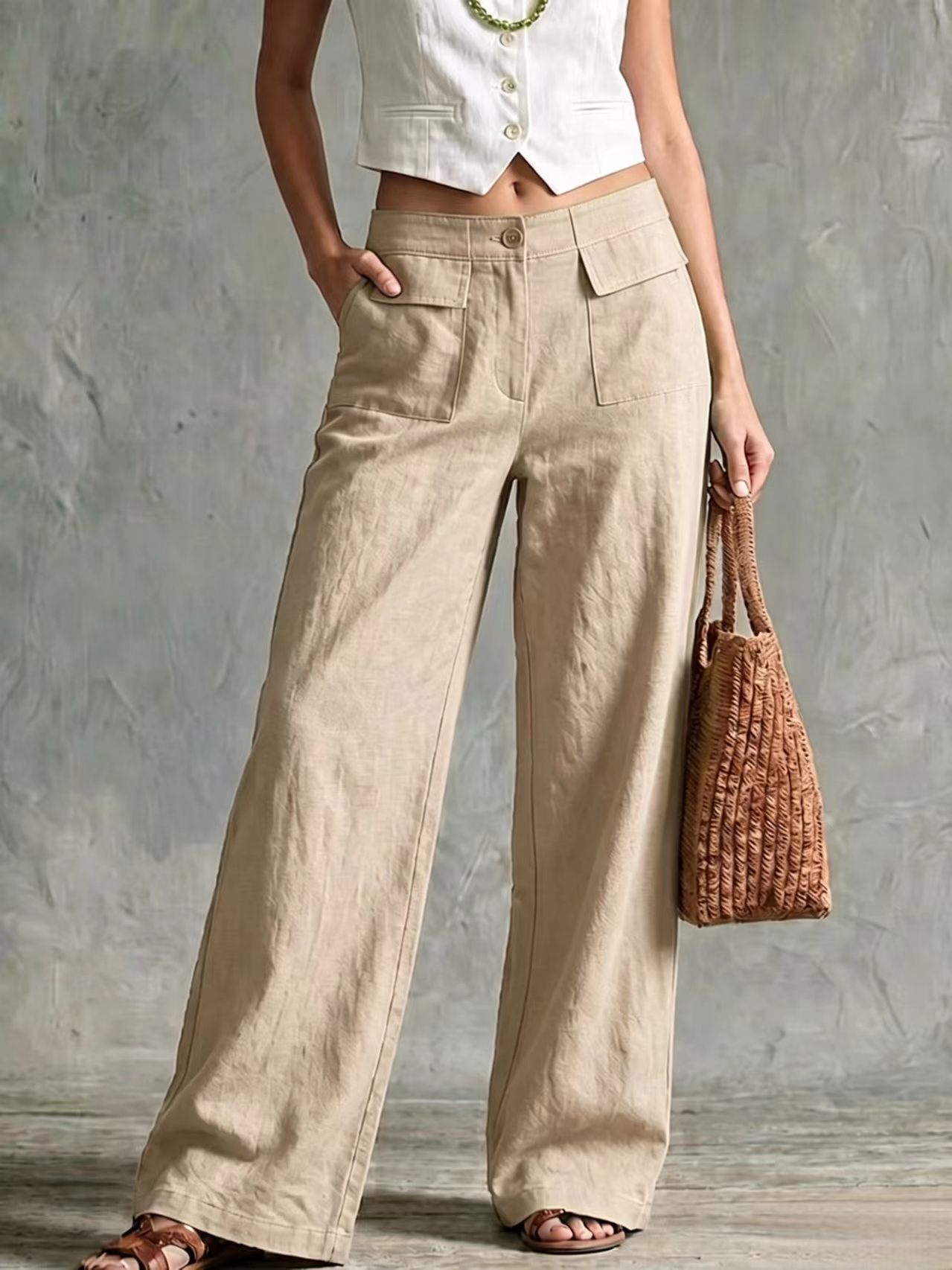 Women's Solid Cotton-Linen Wide-Leg Casual Pants