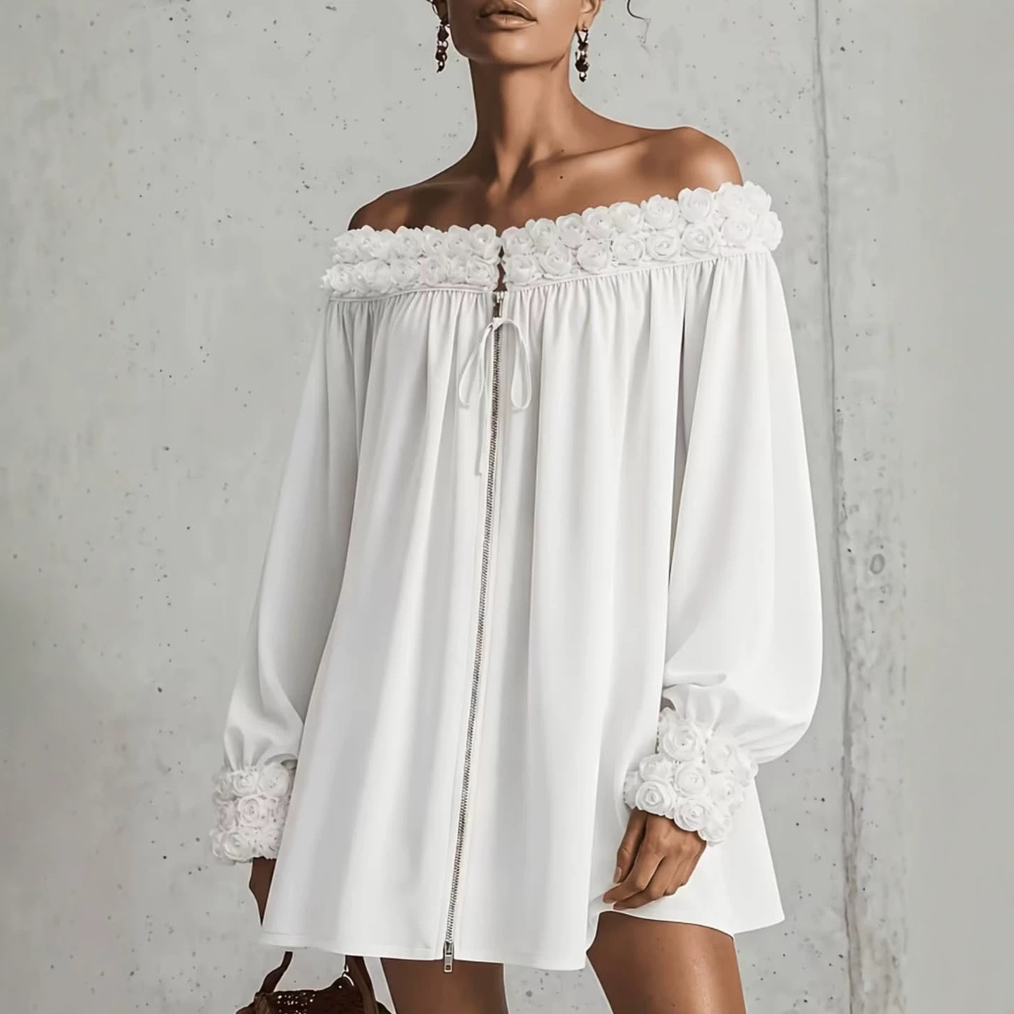 Off-Shoulder Floral Dress with Puff Sleeves and A-Line Skirt