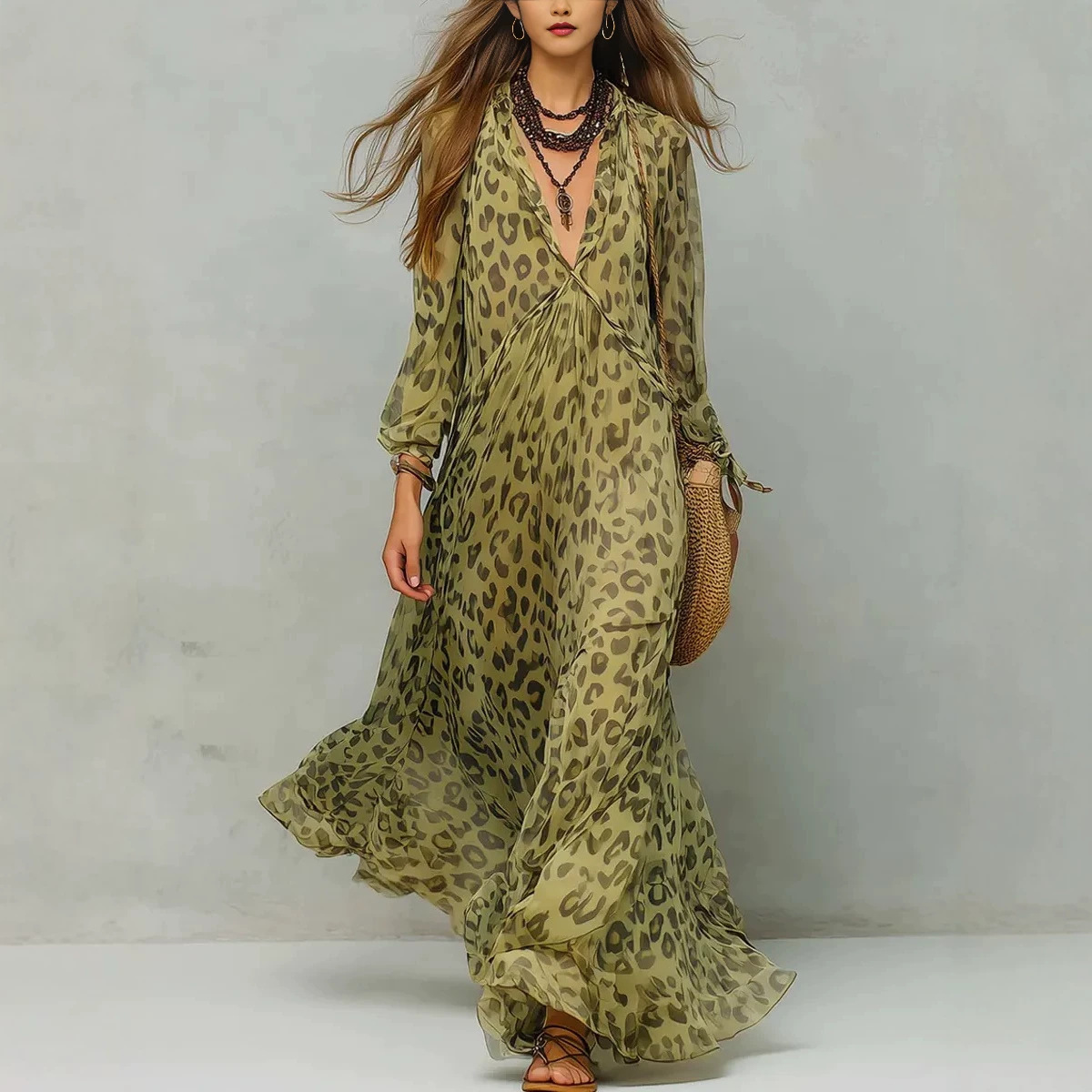 Geometric Print Deep V-Neck Long Sleeve Maxi Dress