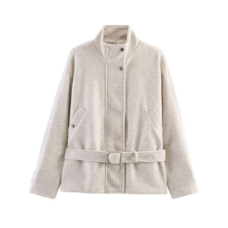 Women's Loose Zip Belted Stand Collar Woolen Jacket