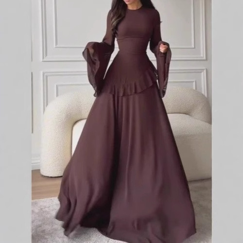 Women's Round Neck Long Sleeve Flare Sleeve Waist-Cinching Solid Color Long Dress