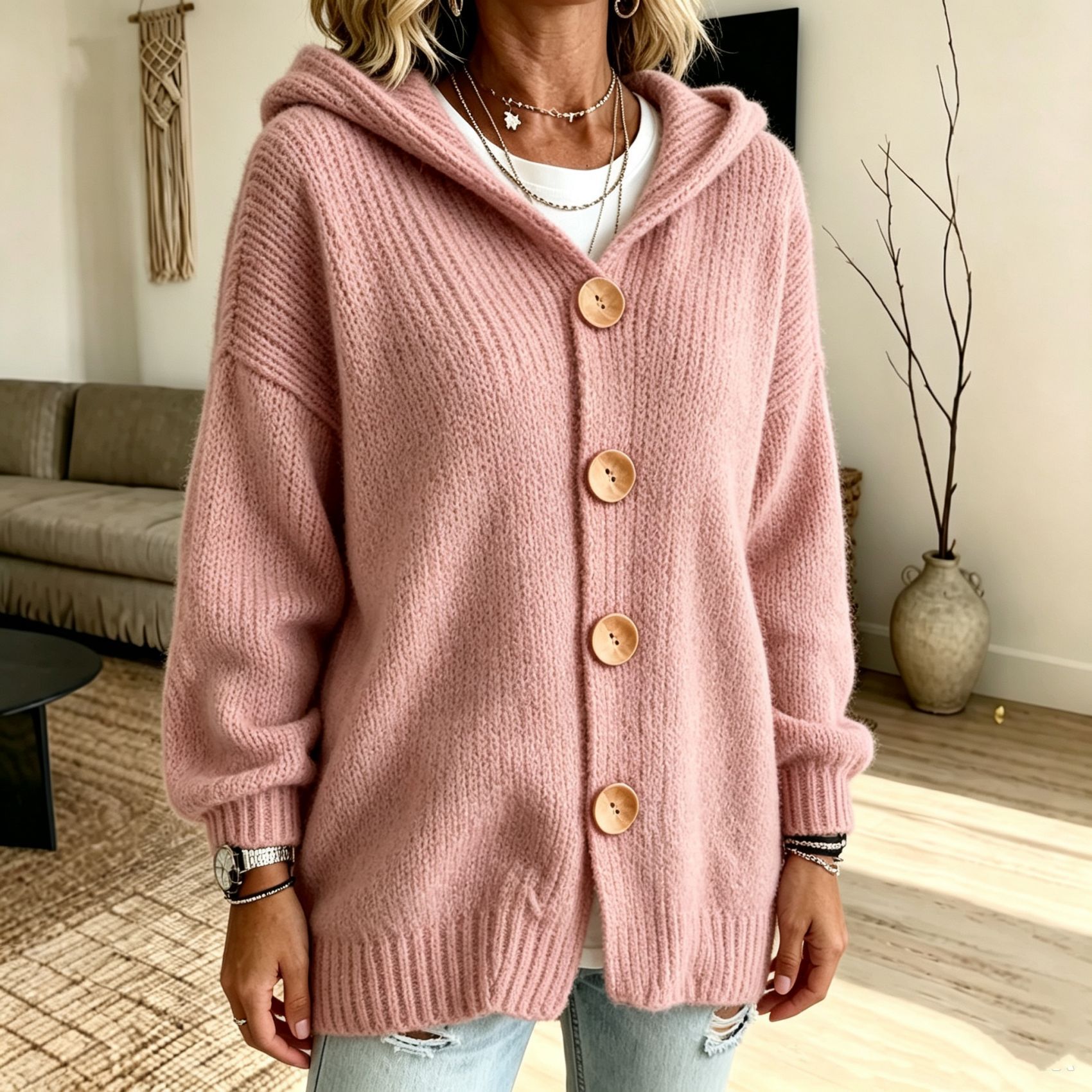 Four-Button Hooded Cardigan Knit Sweater Coat Solid Color Casual Women's