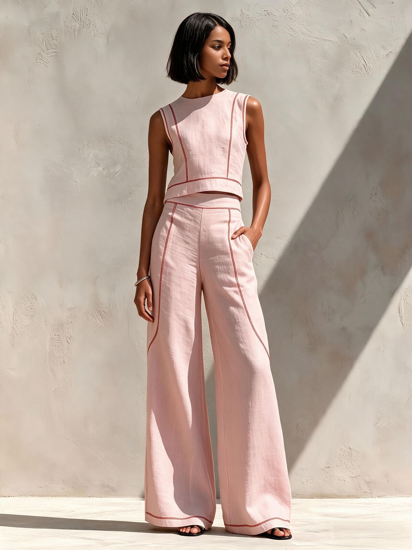 Sleeveless Color-Block Wide-Leg Pants Set Women's Casual Two-Piece