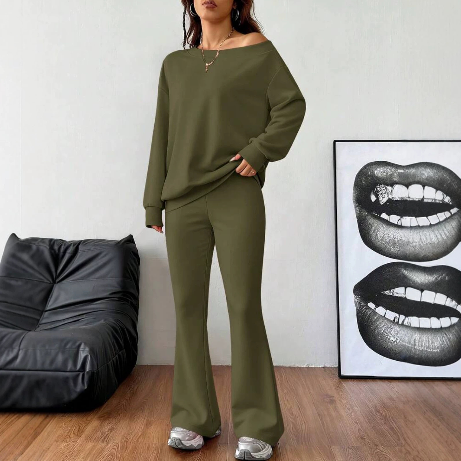 Off-Shoulder Lounge Two-Piece Set with Loose Sweatshirt and Flared Pants