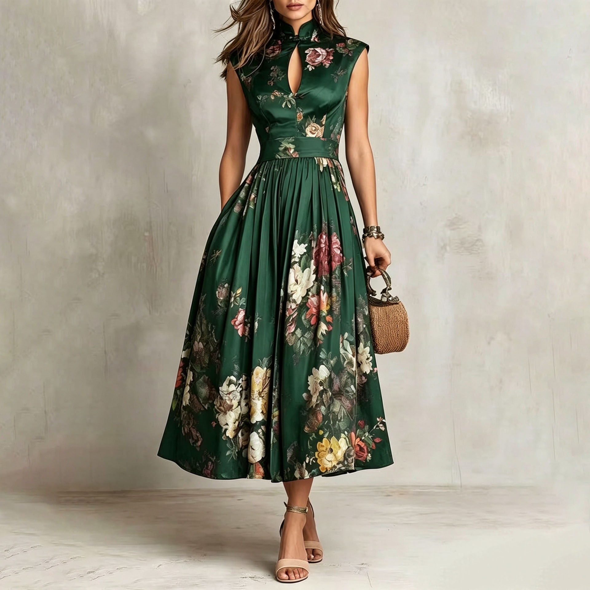 Elegant Printed Qipao-Collar A-Line Maxi Dress