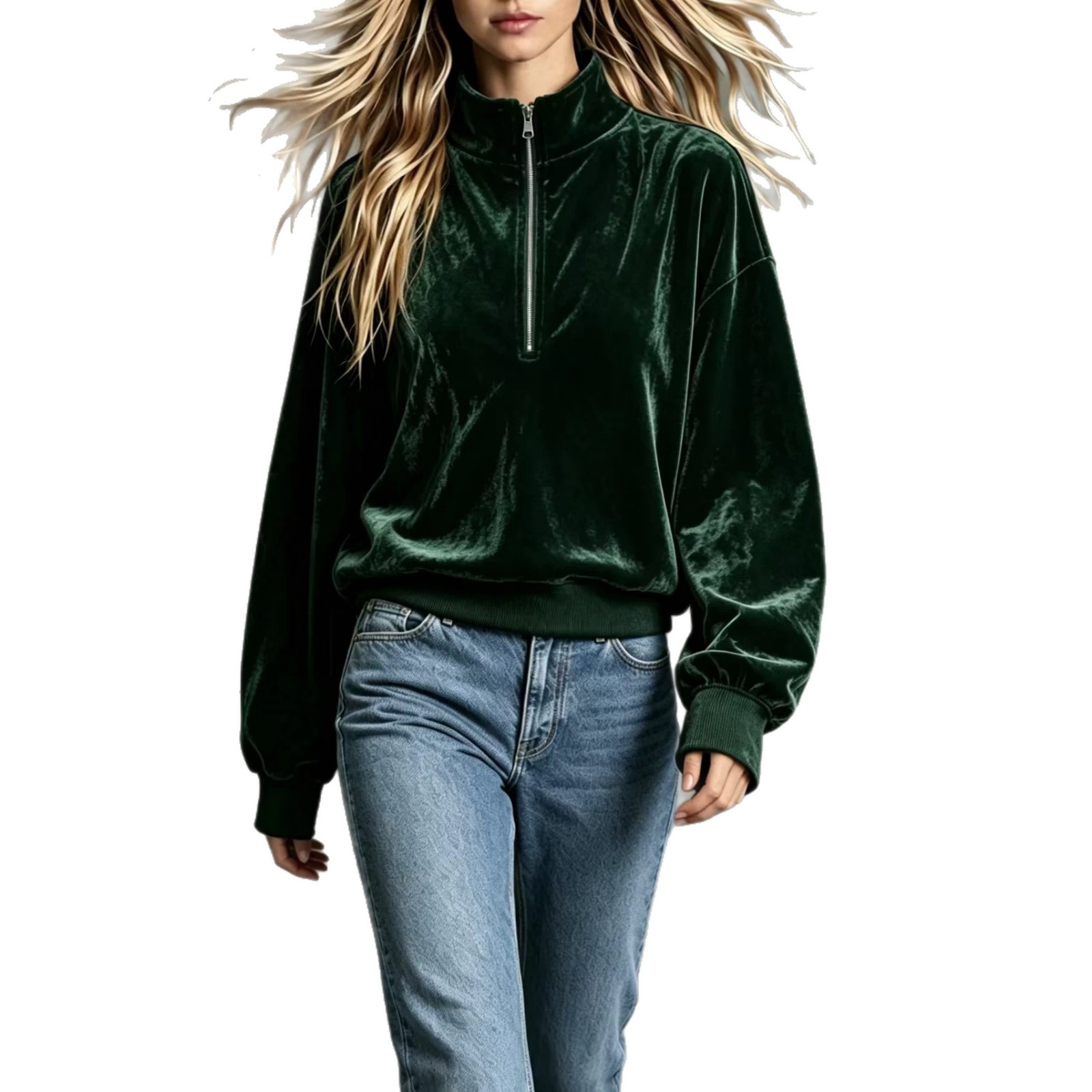 Women's Velvet Zip-Up Stand Collar Loose Long Sleeve Solid Color Casual Sweatshirt