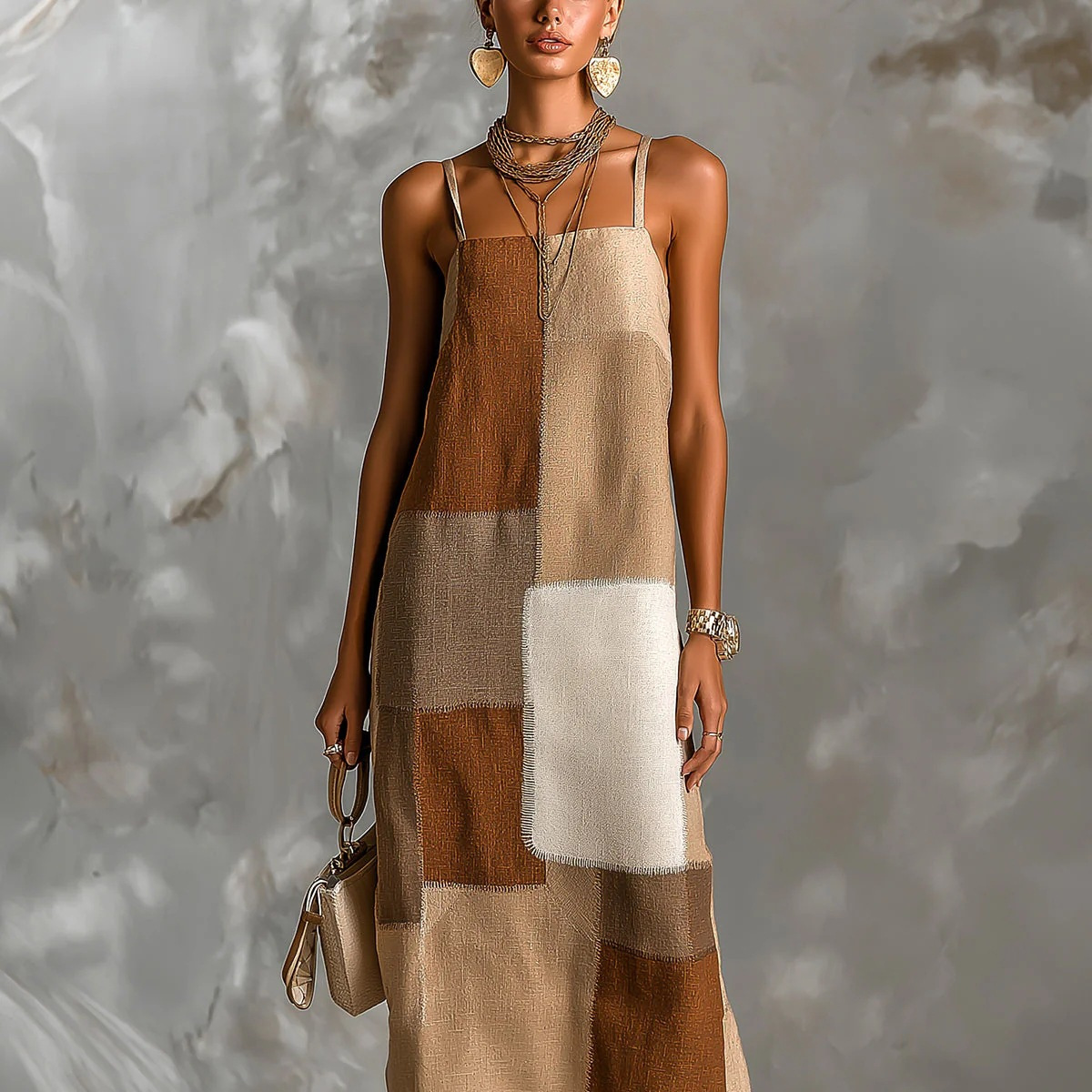 Retro Earth-Tone Color-Block Textured Sleeveless Midi Dress with Slit