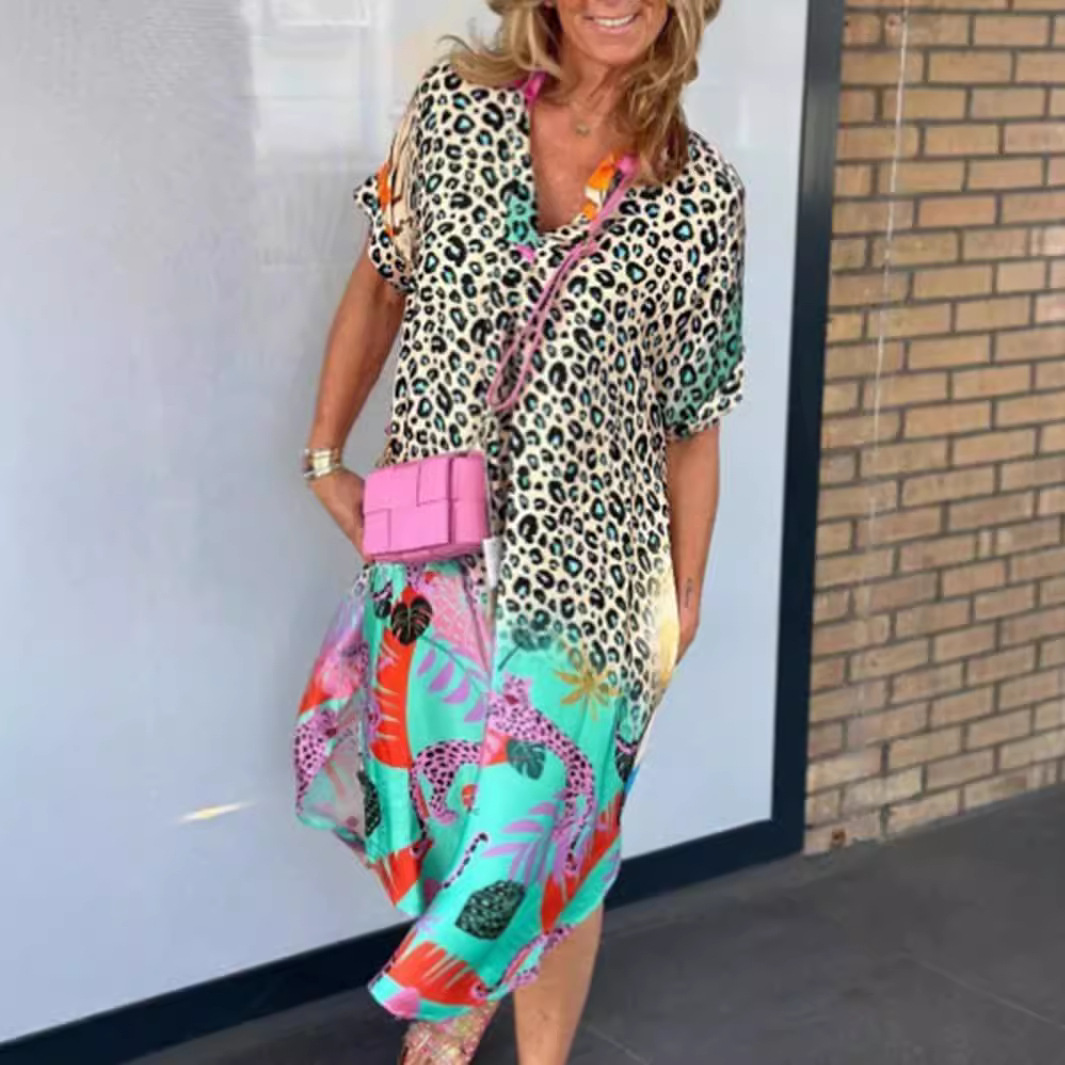 Leopard Print Half-Open Neck Short Sleeve Dress