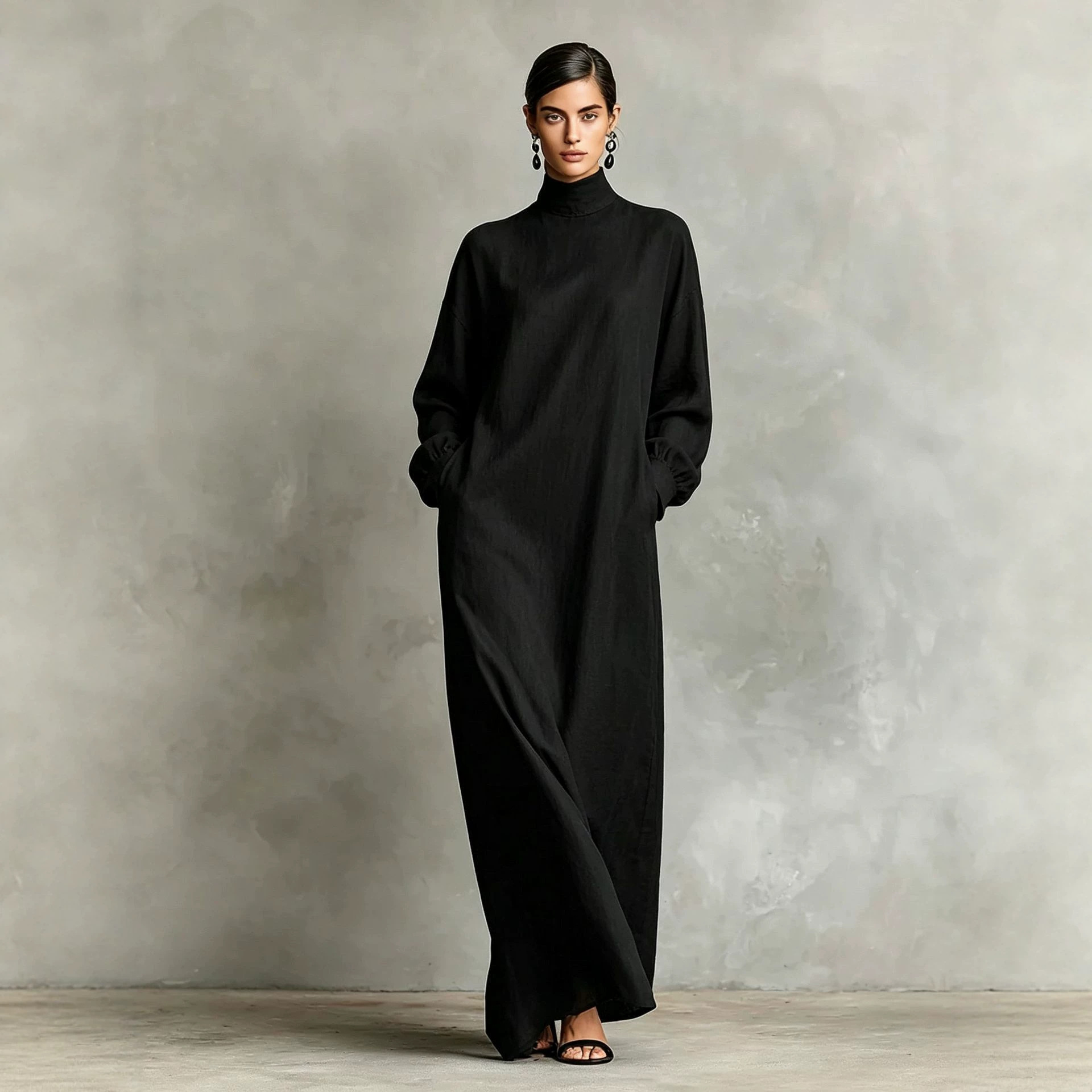 Women's Solid High Neck Loose Casual A-Line Long Dress