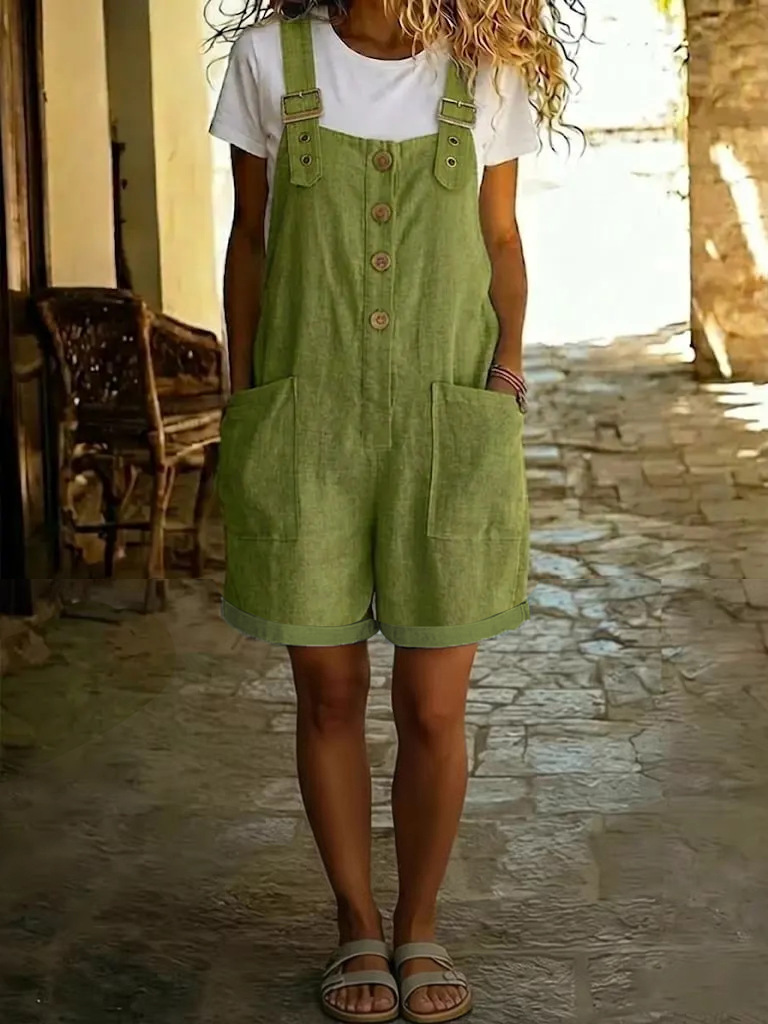Women's Cotton-Linen Solid Color Vintage Straight-Leg Overalls with Pockets