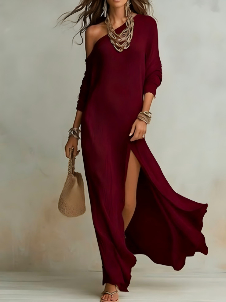 Elegant Long Sleeve Knit Pleated Slit Dress