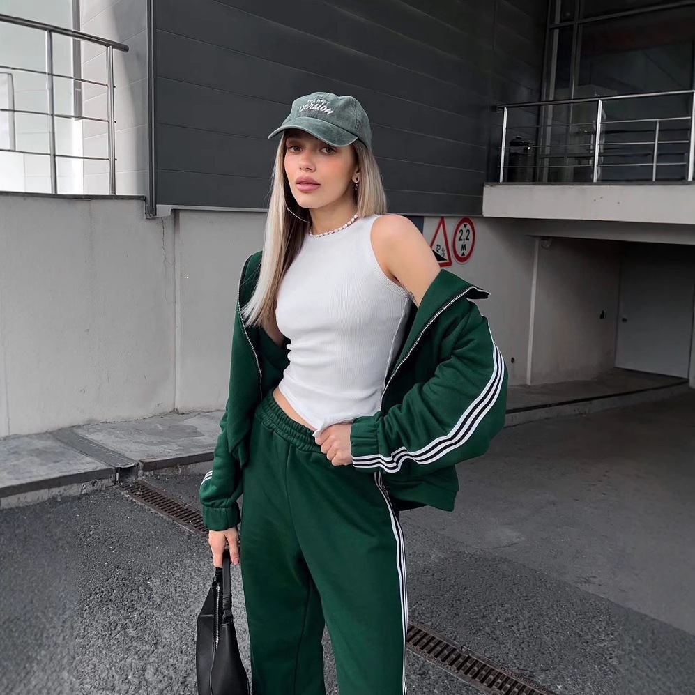 Women's Hooded Jacket & Wide-Leg Striped Pants Two-Piece Set