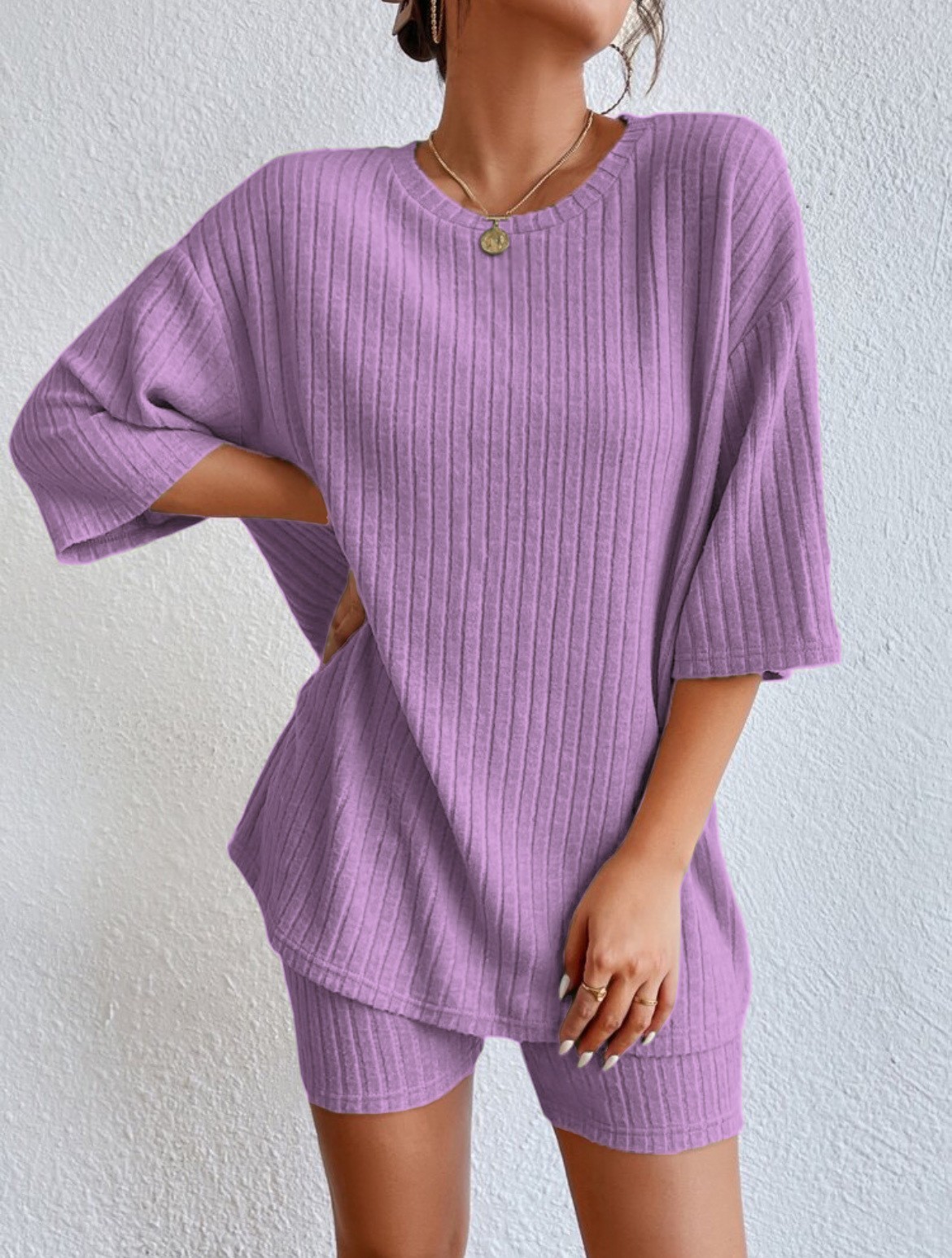 Women's Solid Color Crewneck Short Sleeve Loose Shorts Set