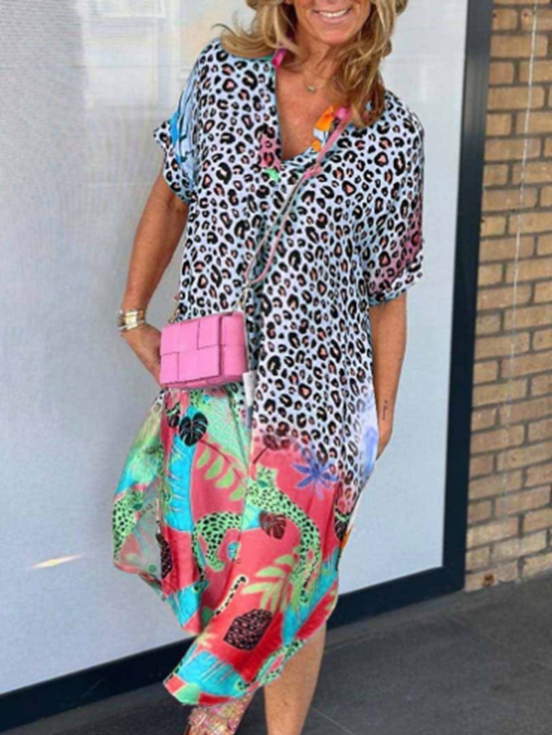 Leopard Print Half-Open Neck Short Sleeve Dress