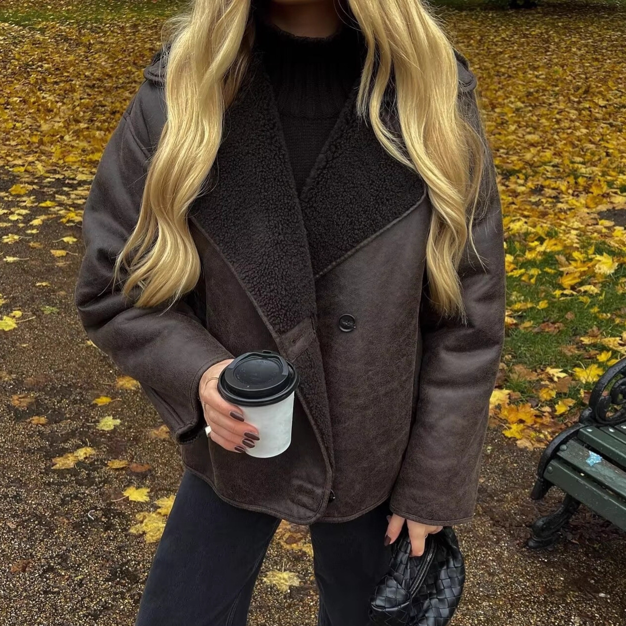 Women's Faux Fur Shearling Coat with Lapel Collar