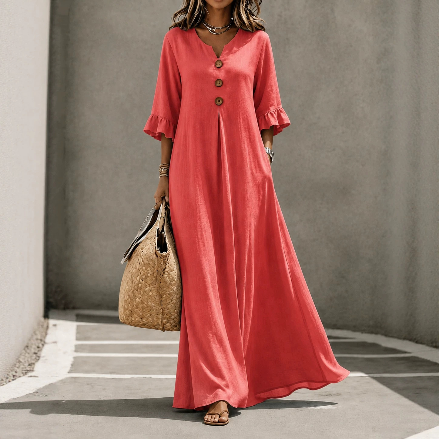 Women's Solid V-Neck Wood Button Ruffle Sleeve Pocket Dress