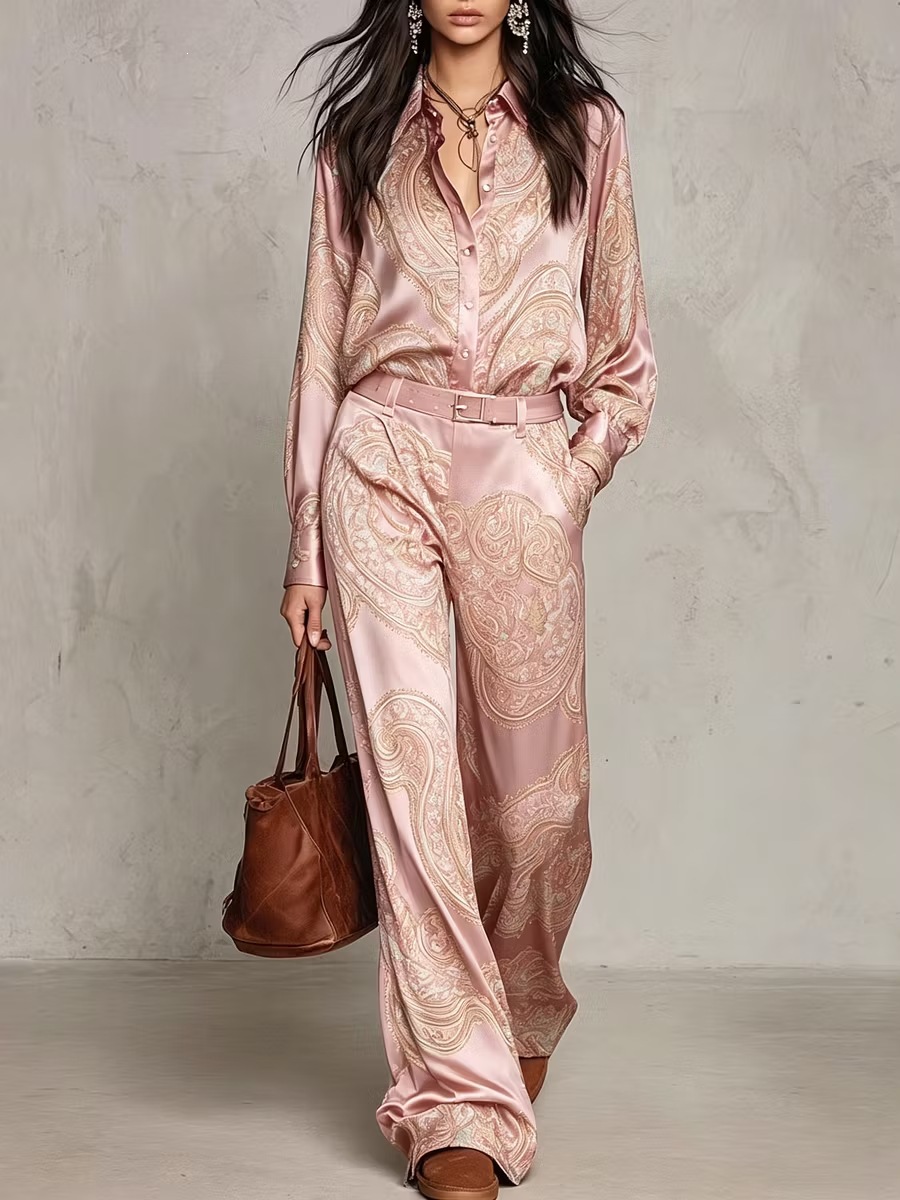 Paisley Print Long-Sleeve Shirt and Wide-Leg Pants Set