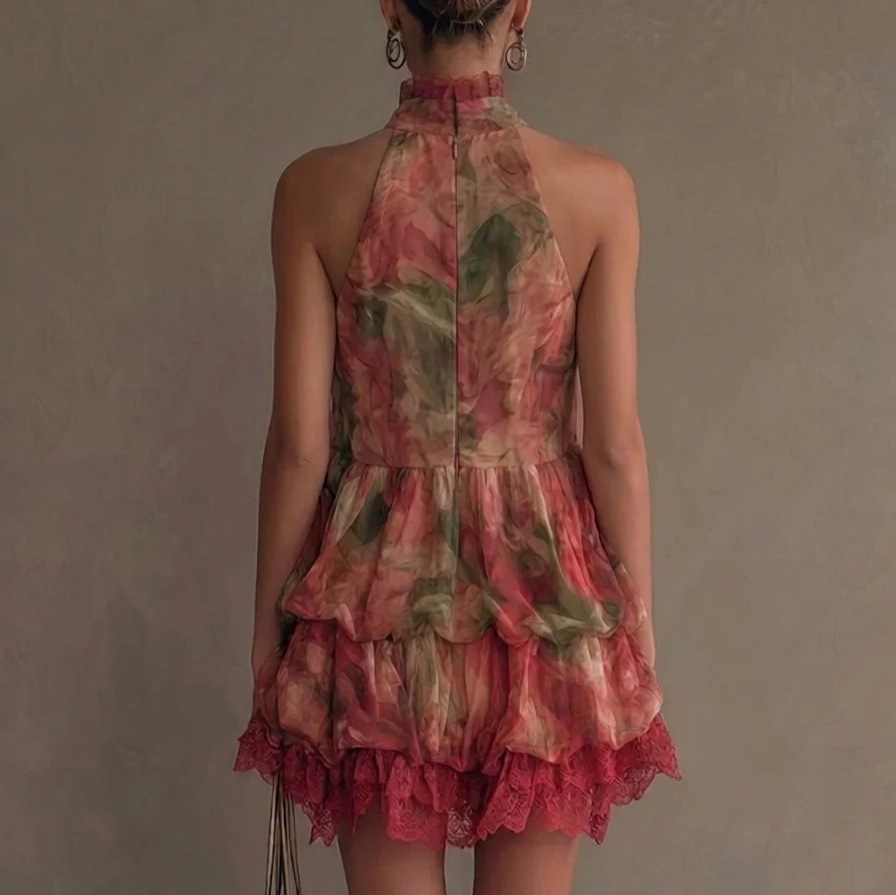 Women's Halter Neck Floral Print Lace Spliced Cami Dress Short
