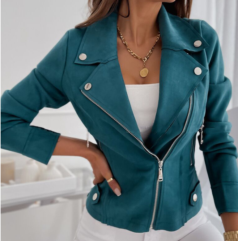 Faux Suede Cropped Zip Jacket with Collar Slim Fit