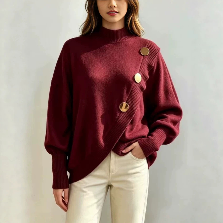 Elegant Button-Trim Crewneck Top for Women