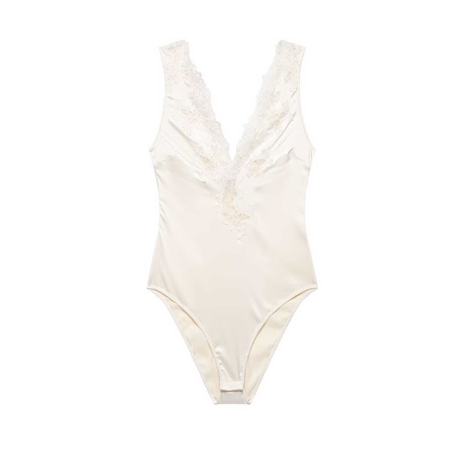 Women's Sexy Lace Satin Bodysuit Sleeveless