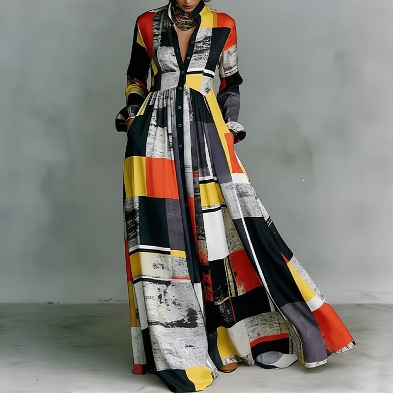French Style Printed Long Dress with Collar, Loose Casual Vacation Dress