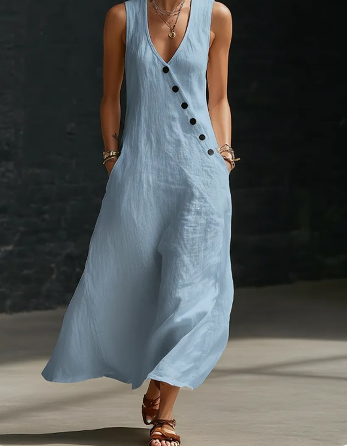 V-Neck Button-Front Sleeveless A-Line Maxi Dress