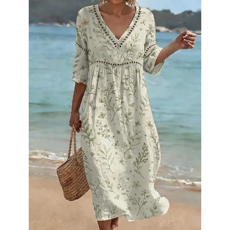 Women's Floral Print Pleated Midi Dress with Deep V-Neck and 3D Effect