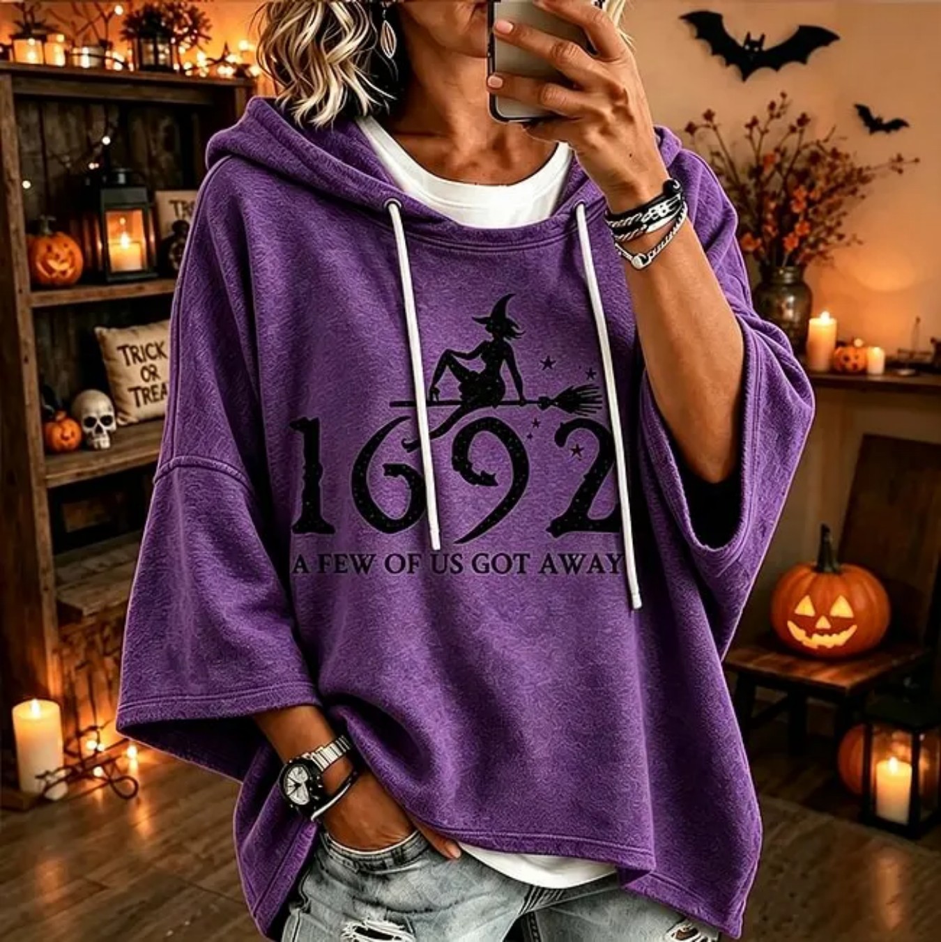 Halloween Witch Broom Flying 1692 Print Hoodie Women's Top