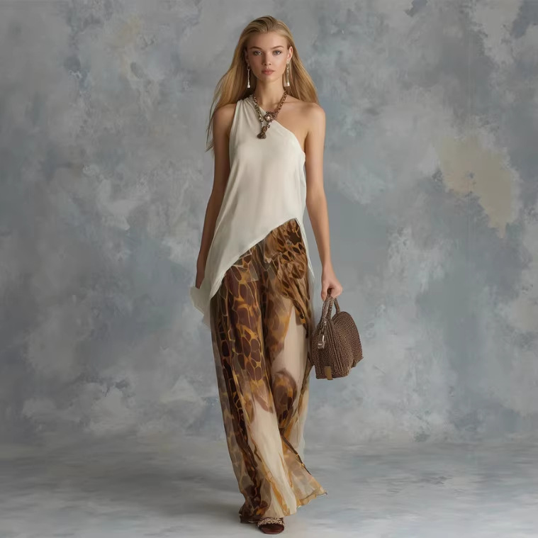 Retro Beige Asymmetric Sleeveless Top and Animal Print Wide-Leg Chiffon Pants Set
