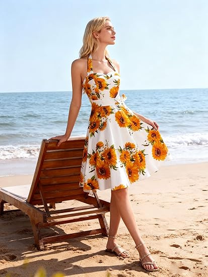 Women's Summer Halter Neck Sleeveless Floral Print Vintage Maxi Dress