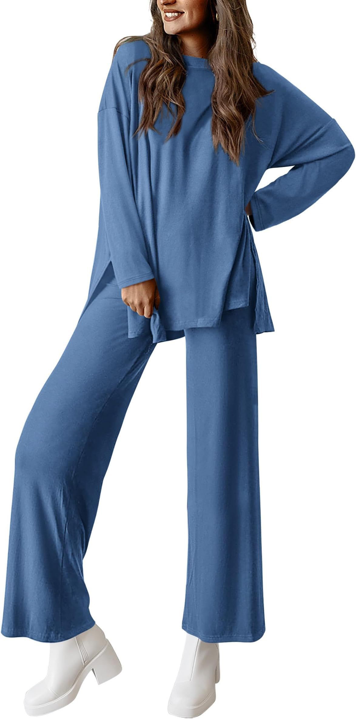 Women's Solid Color Crewneck Long Sleeve Wide Leg Pants Lounge Set