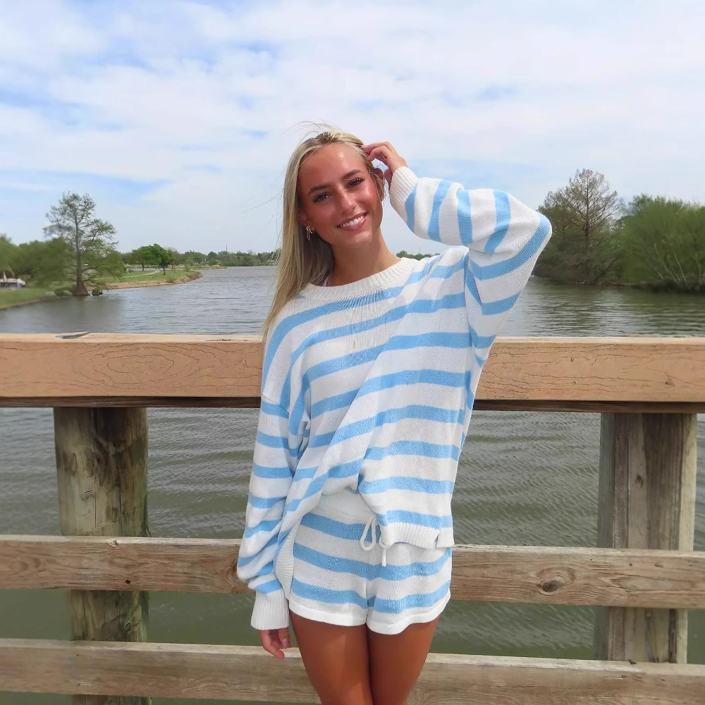 Color-Block Striped Knit Two-Piece Set with Long-Sleeve Crewneck Top and Tie Shorts