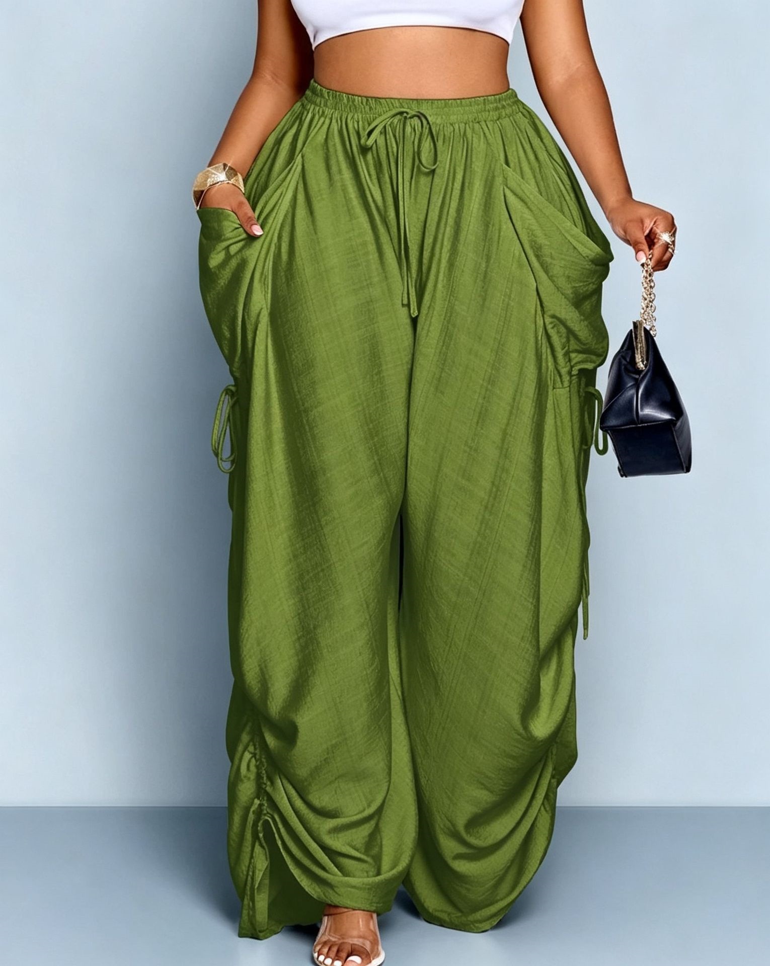 Women's High-Waist Harem Pants Cotton-Linen Drawstring Pockets Plus Size