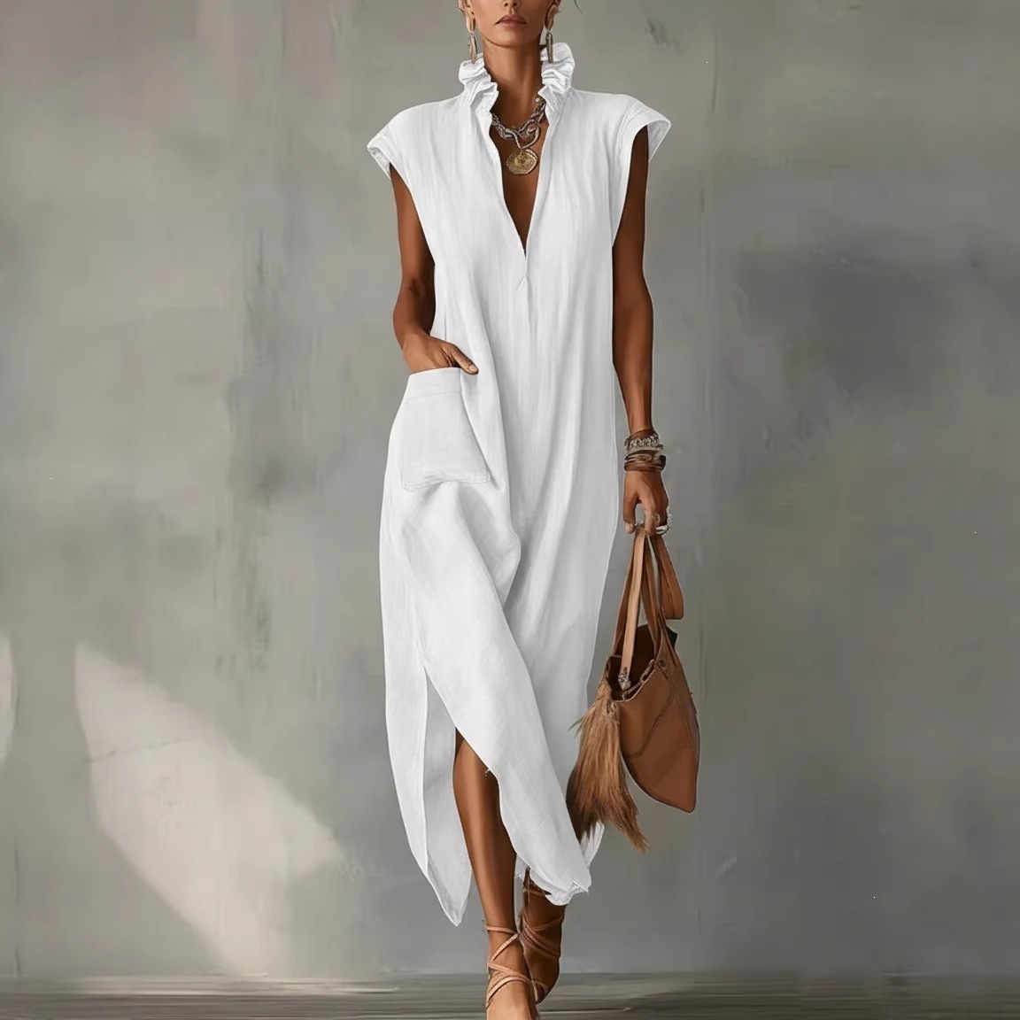 Women's Summer Sleeveless V-Neck Cotton-Linen Dress Loose A-Line Midi