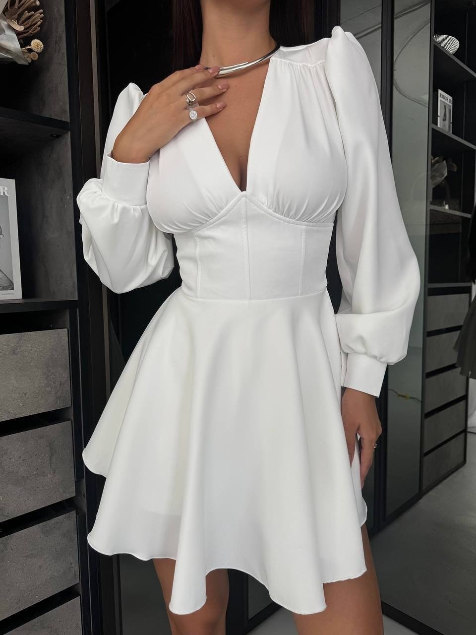 Women's V-Neck Puff Sleeve High Waist A-Line Dress