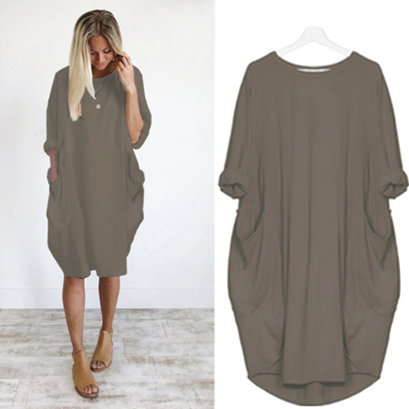 Women's Casual Loose Pocket Long Sleeve Plus Size Dress