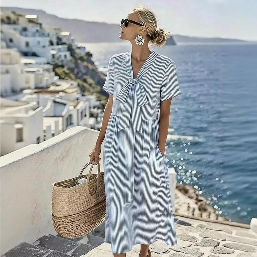 Women's Bow Casual Dress with Minimalist Print