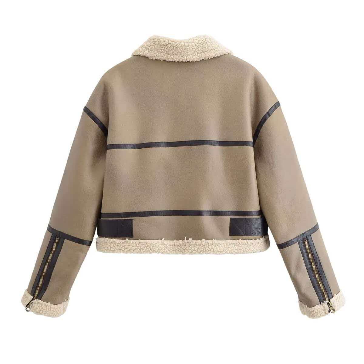 Women's Vintage Khaki Faux Suede Sherpa Panel Jacket