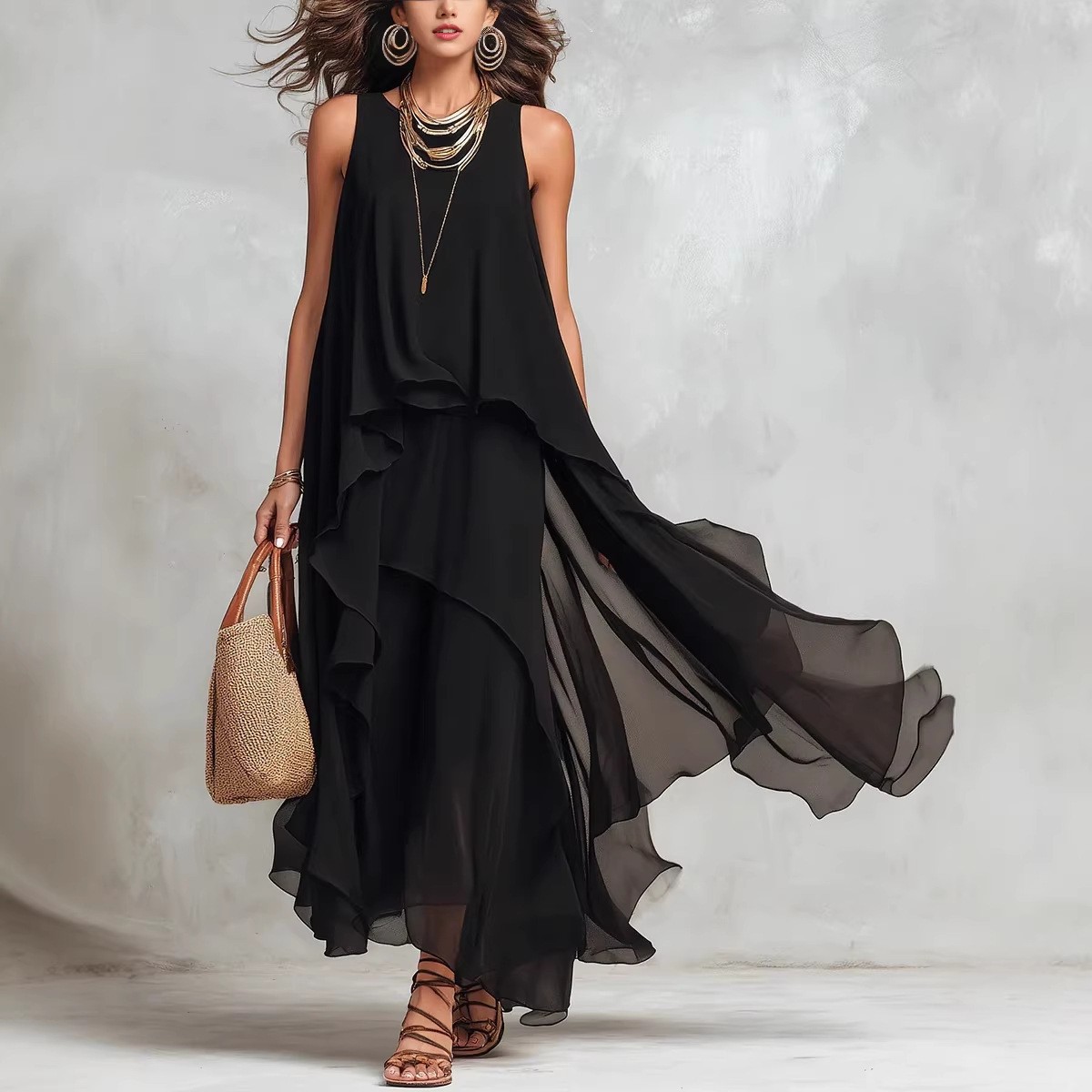 Black Sleeveless Asymmetrical Midi Dress with Ruffles