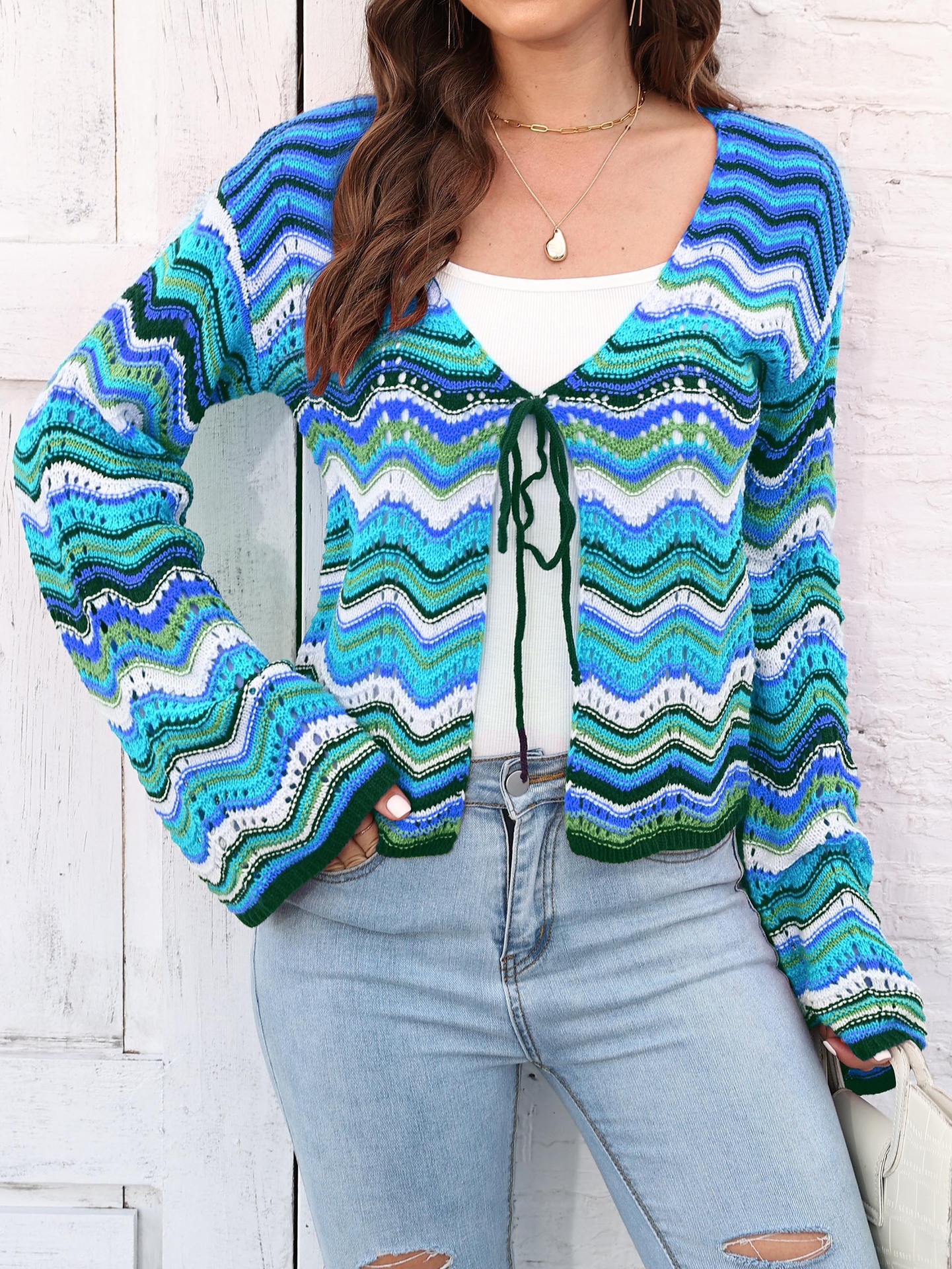 Rainbow Wavy Knit Cardigan Women's V-Neck Long Sleeve Tie-Front