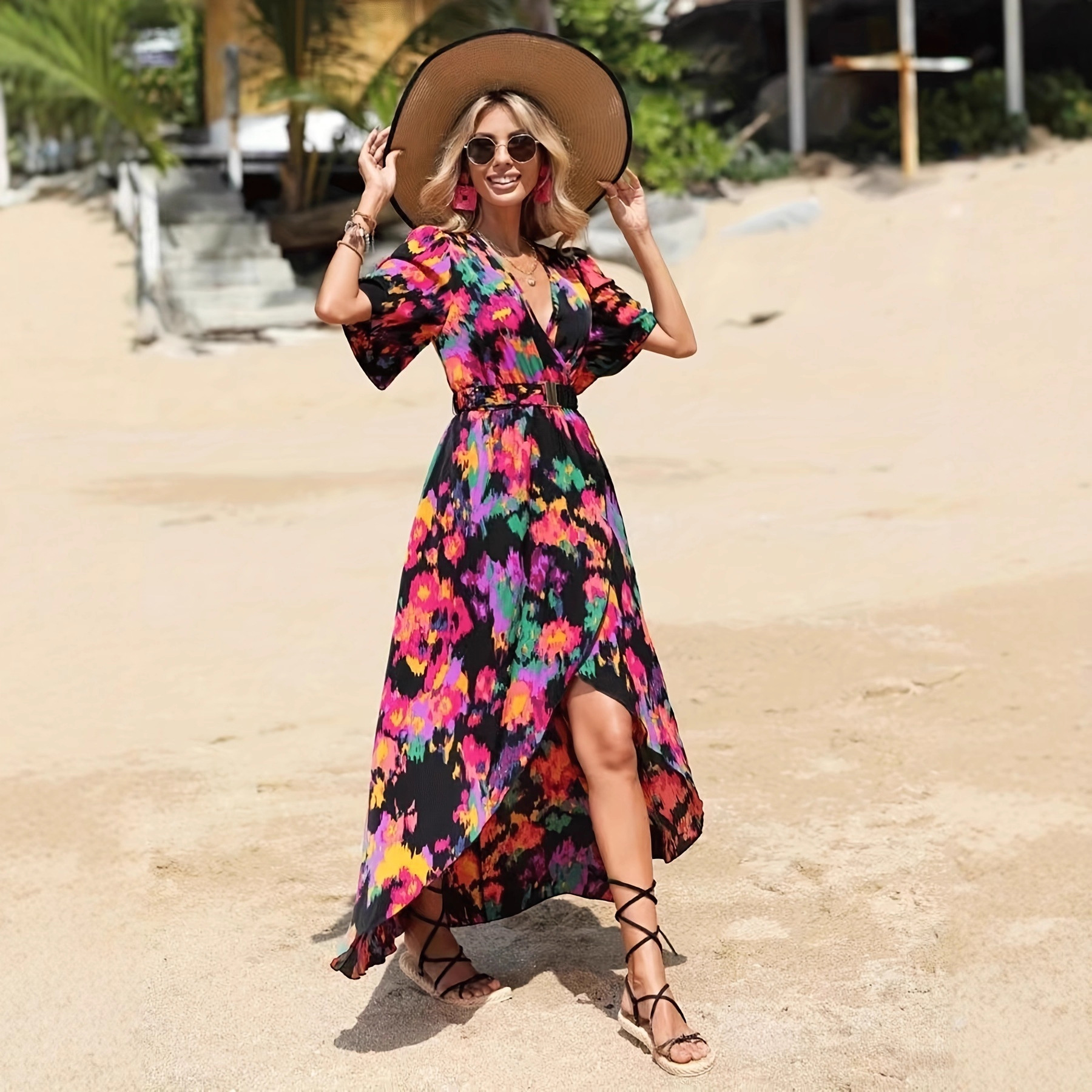 Bohemian V-Neck Gradient Print Cinched Waist Beach Dress