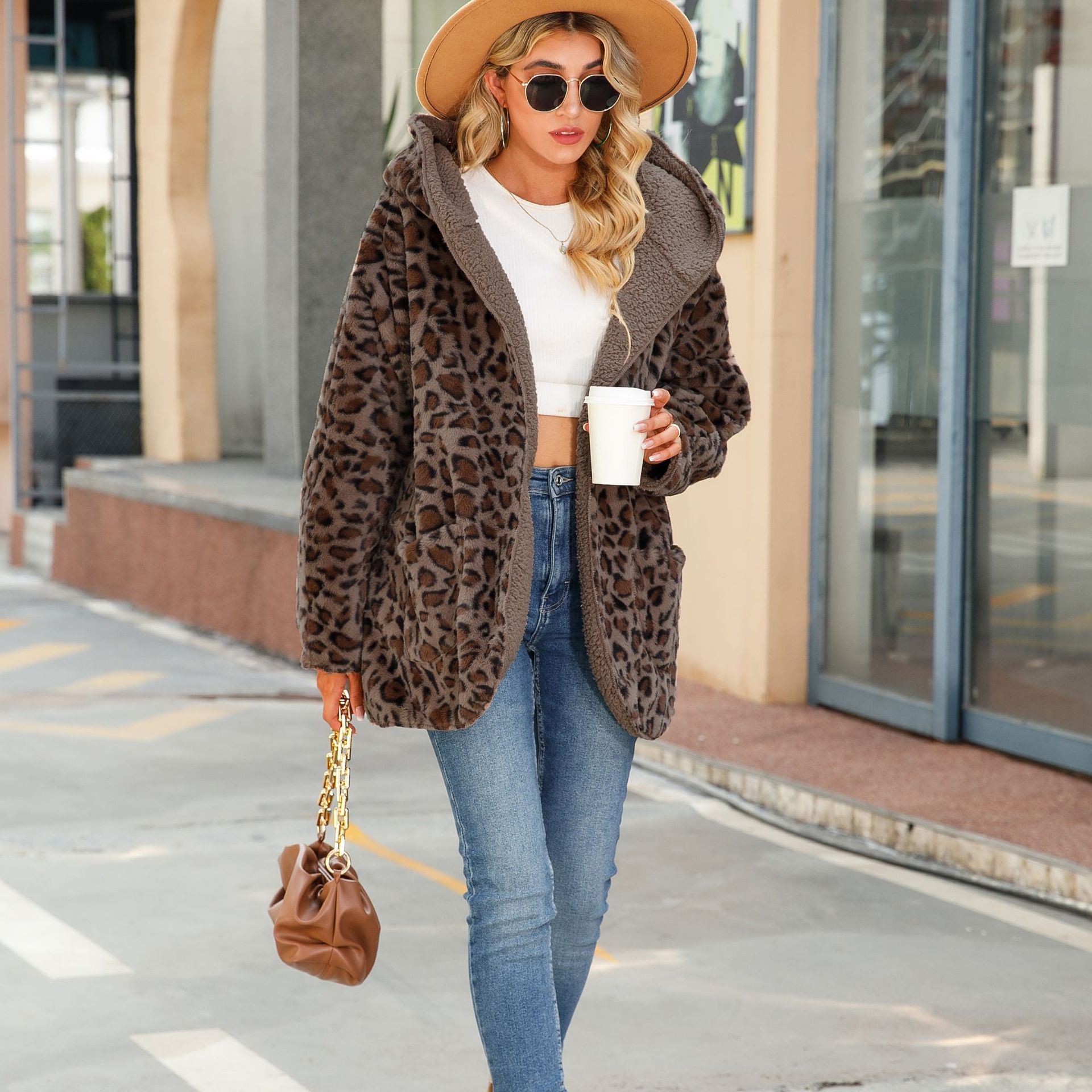 Faux Fur Leopard Print Hooded Long Sleeve Open Front Cardigan Coat