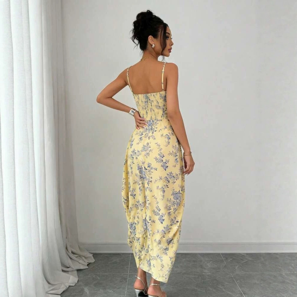 Bohemian Floral Print Sleeveless Slit Midi Dress