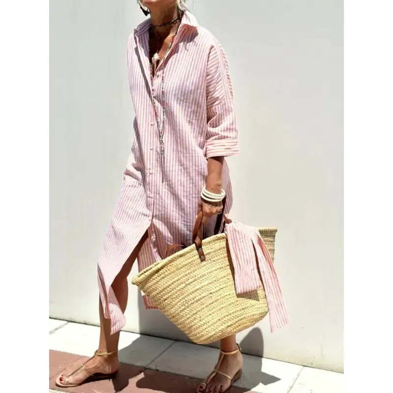 Striped Button-Front Midi Shirt Dress with Collar and Five-Quarter Sleeves