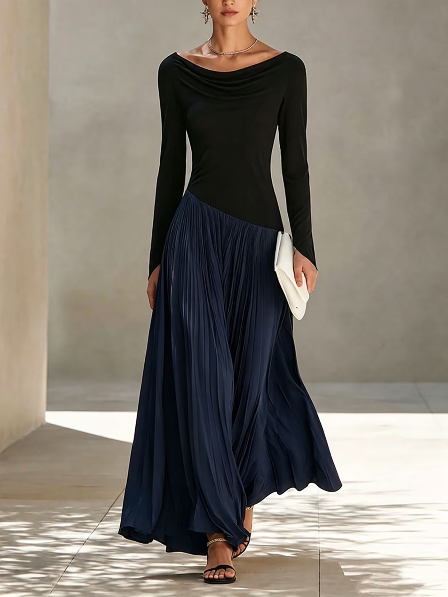 Minimalist Color-Block Draped-Neck Long Dress