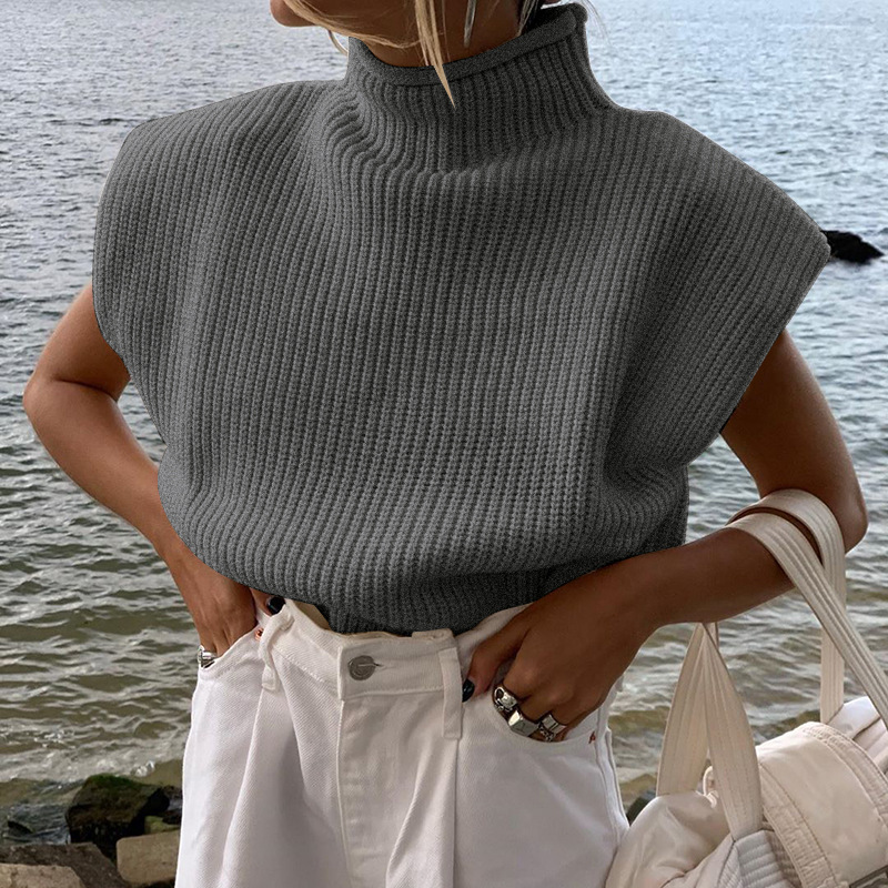 Women's High Neck Short Sleeve Knit Top Solid Color