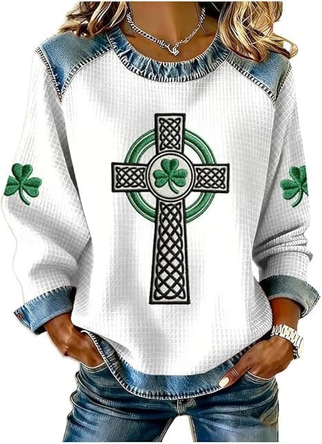 Women's Clover Print Waffle Knit Crewneck Sweatshirt