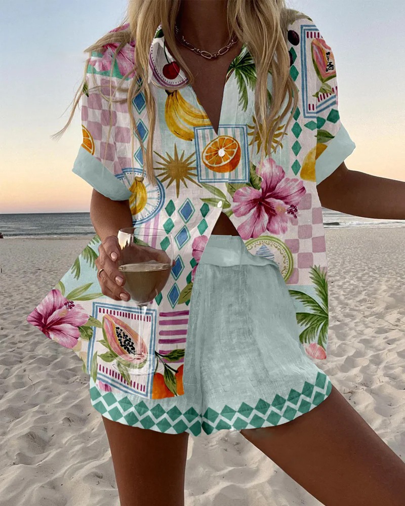 Women's Animal Print Short Sleeve Collared Top Set
